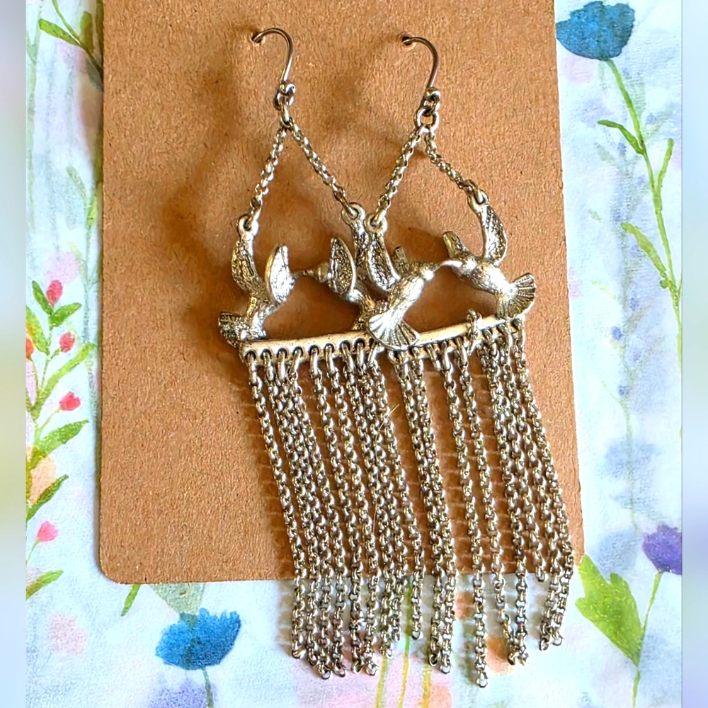 Silver Crescent Chain Earrings with Birds and Waterfall Design